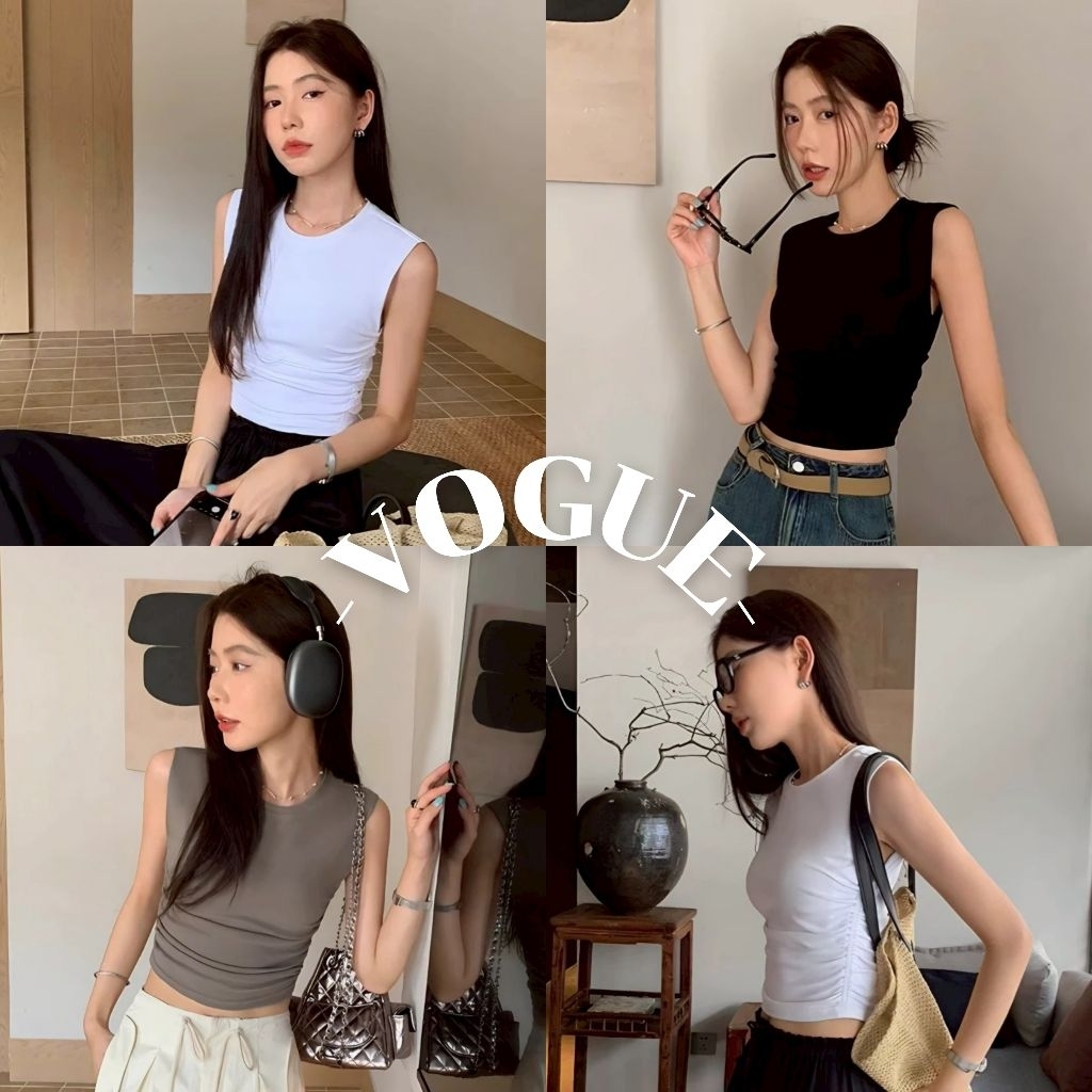 Vogue🌟พร้อมส่ง🌟  เสื้อกล้าม ครอปสั้น มีฟองน้ำ สีพื้นทรงรัดรูป (FY3511)