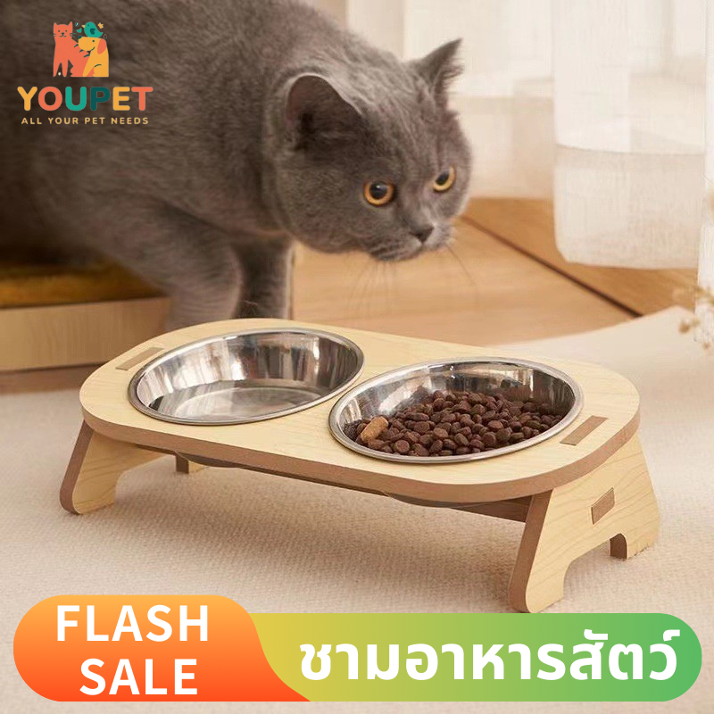 ชามอาหารสัตว์ ชามอาหารแมว ชามอาหารหมา ป้องกันการเอียง สำหรับสัตว์เลี้ยง ฐานไม้ ชามสแตนเลส พร้อมส่งจากไทย