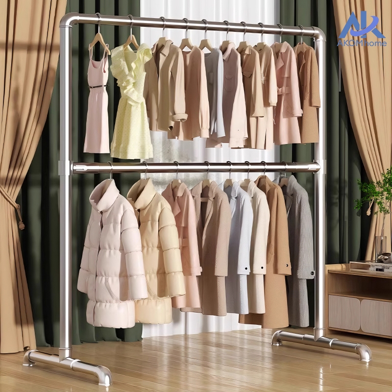 AKOM [ ราวคู่ ] 2ชั้น ราวตากผ้า ท่อเหล็กราวตากผ้า ชั้นวาง2ชั้น ราวเหล็กมีล้อ รับน้ำหนักได้  80+kg พร้อมส่ง