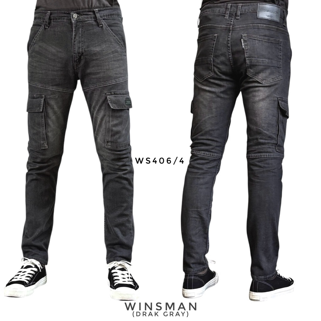 WINSMAN กางเกงยีนส์ชายทรงเดฟSlim-fitคาร์โก้ดีไซน์ใหม่6กระเป๋าผ้ายืดหยุ่นสูงใส่สบาย
