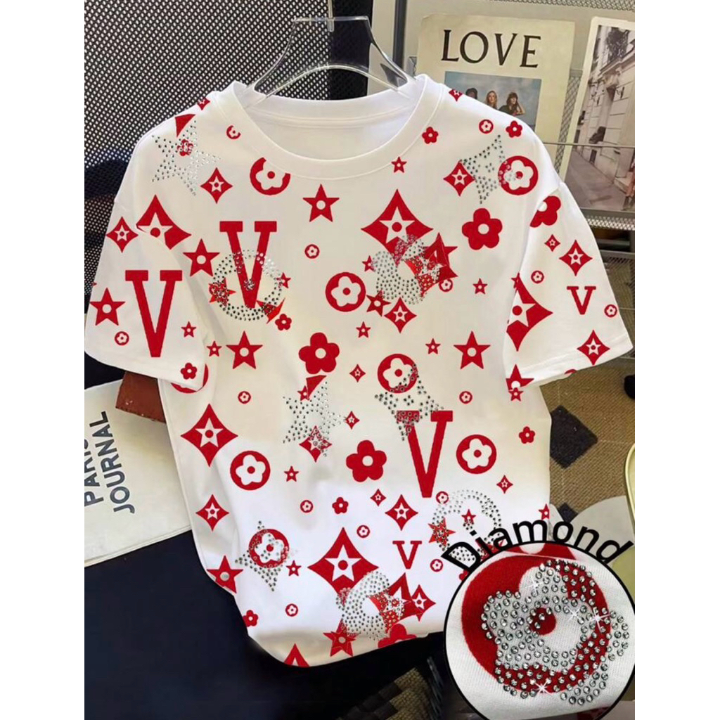 INAWLY เสื้อยืดแขนสั้นคอกลมประดับด้วยคริสตัล สำหรับผู้หญิง