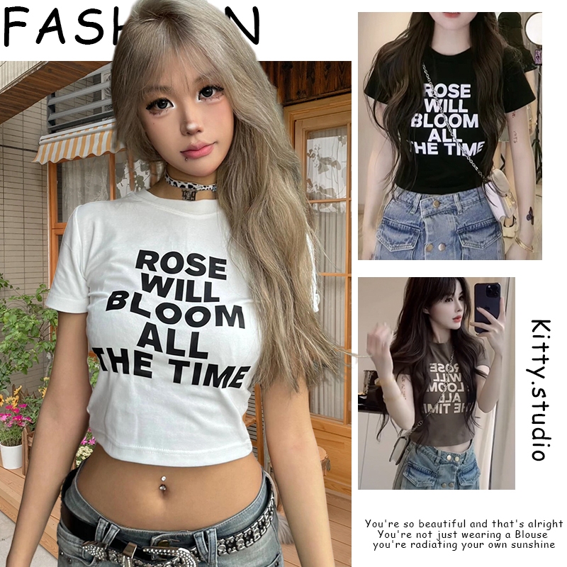 Kitty.พร้อมส่ง🍄เสื้อครอปท็อป🍒แขนสั้น เสื้อยืดคอกลม พิมพ์ลายตัวอักษร เสื้อรัดรูป สไตล์เกาหลี แฟชั่นฮาราจูกุ สไตล์วินเทจ