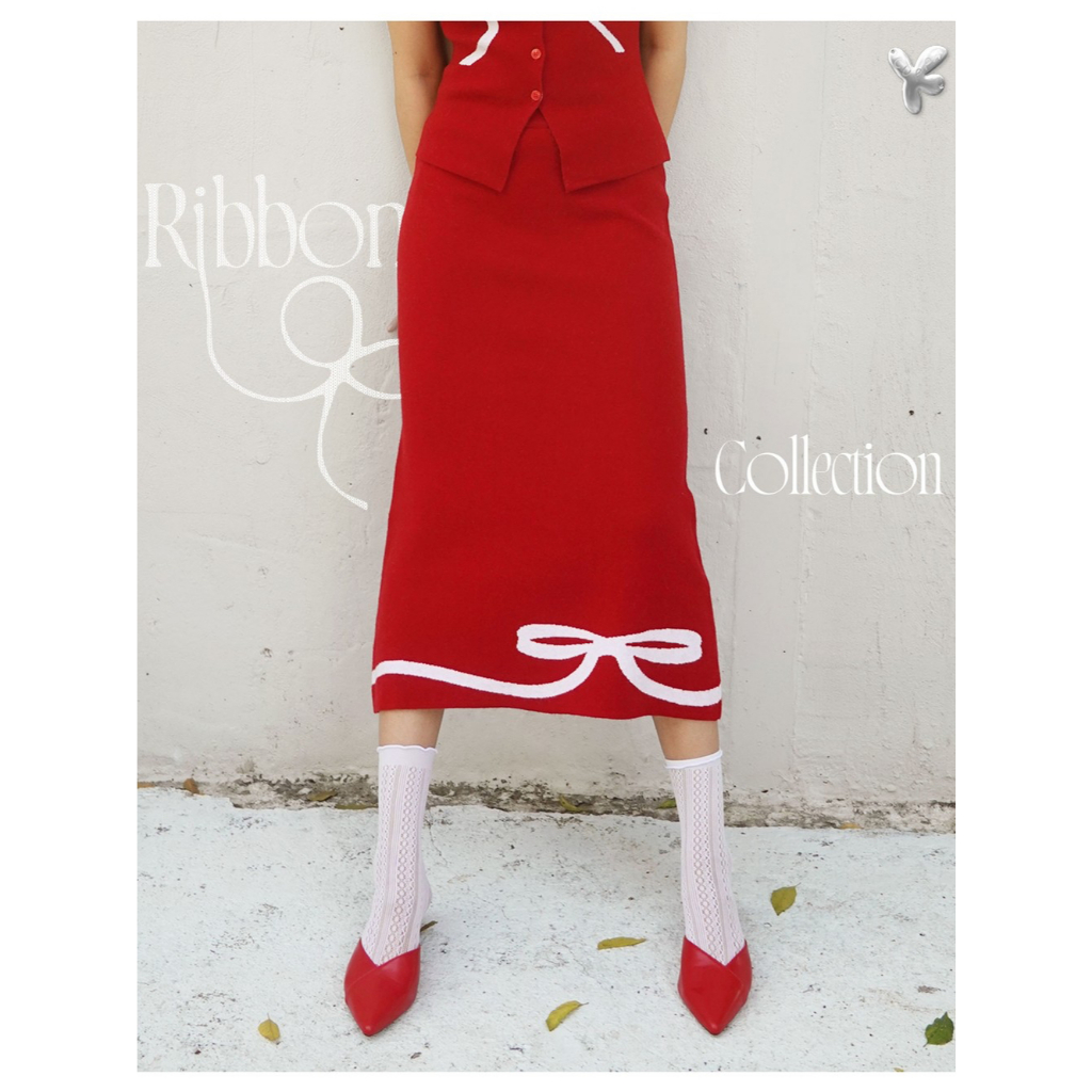 CUPPA - RIBBON Skirt (3 สี) กระโปรงยาวไหมพรม ทอลายโบว์ เนื้อผ้านุ่ม ใส่สบาย เนื้อผ้าทิ้งตัว มีน้ำหนัก