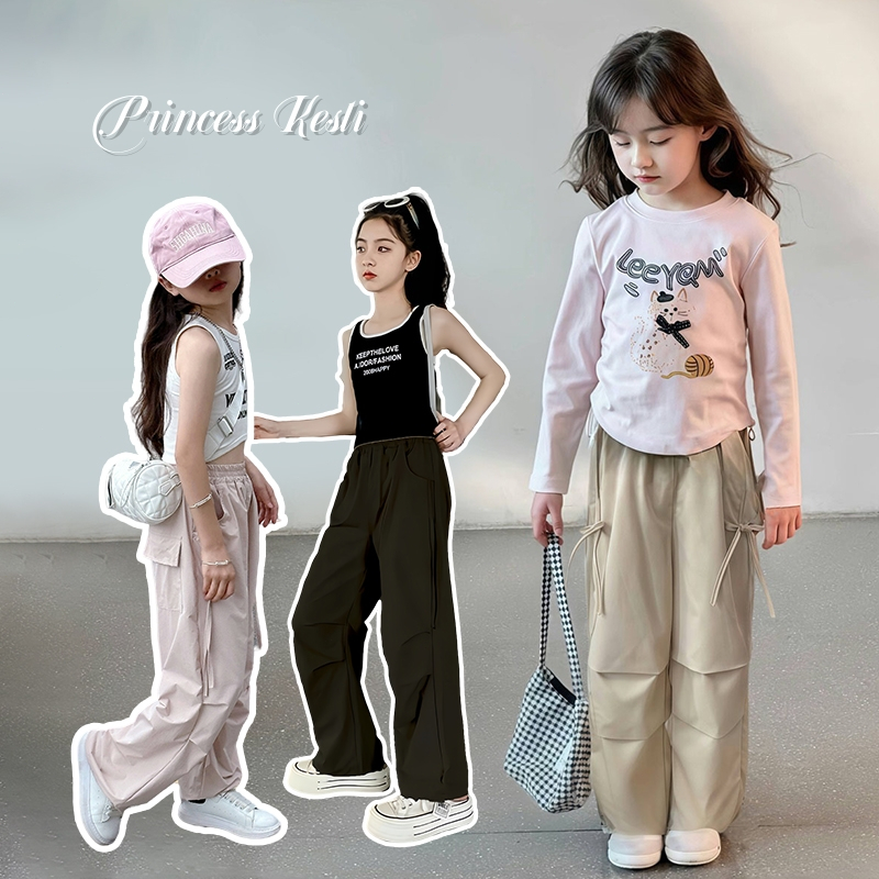 PRINCESS KESLI กางเกงคาร์โก้เด็ก ขายาวกว้าง สไตล์กีฬา ฮิปฮอปลำลอง ทรงหลวม อินเทรนด์  ใส่สบาย 2-12 ปี