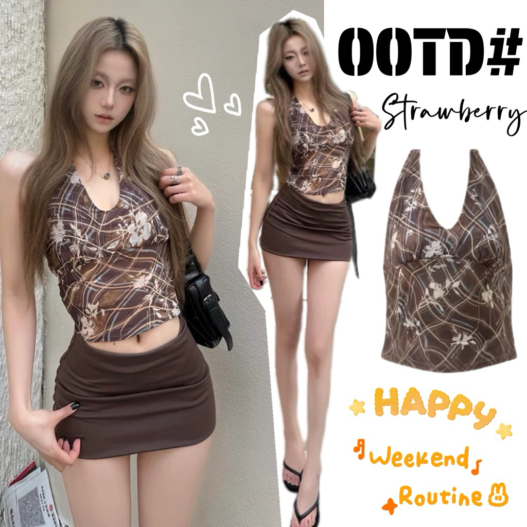 STR🤎พร้อมส่ง🤎เสื้อคล้องคอผู้หญิง เสื้อผูกคอโชว์หลัง ลายดอกไม้ สีน้ำตาล เว้าอกสไตล์สาวแซ่บ เซ็กซี่แฟชั่นY2K ชุดไปเที่ยว