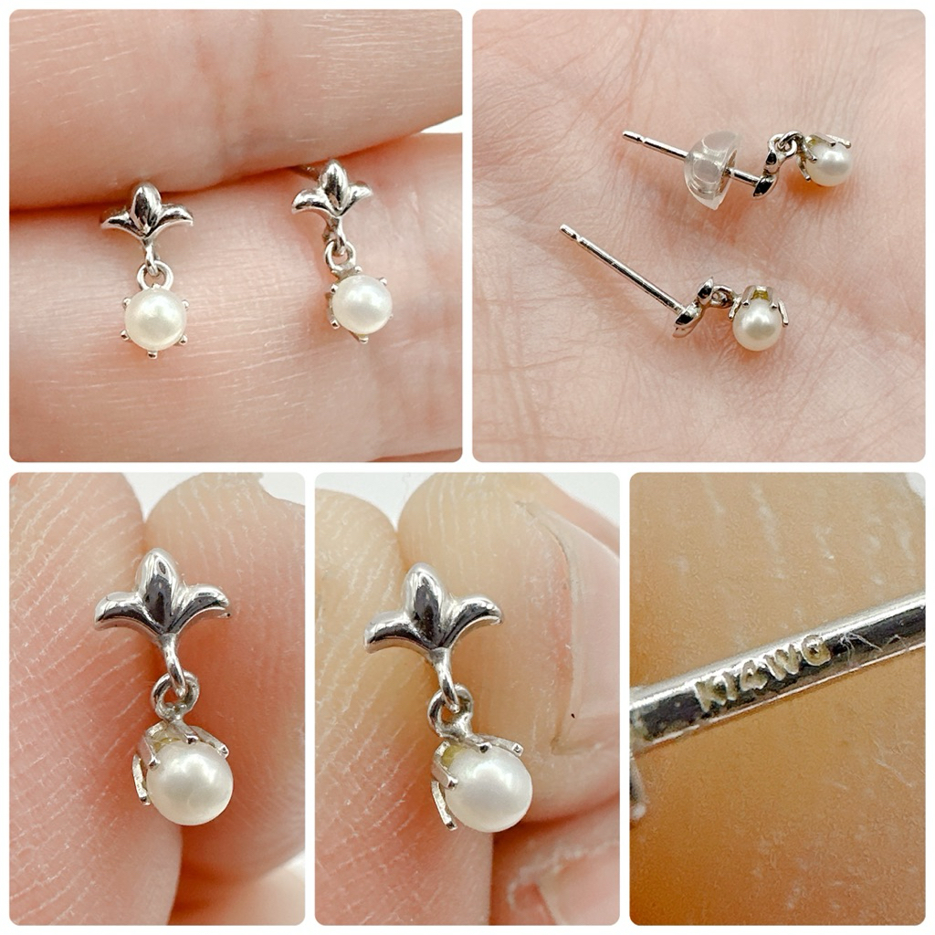 ต่างหูทองคำขาว K14 WG แต่งมุกแท้ แป้นรับเป็นทองคำขาว1ข้าง (K14 WG) อีกข้างไม่มี แถมแป้นซิลิโคนให้ค่ะ