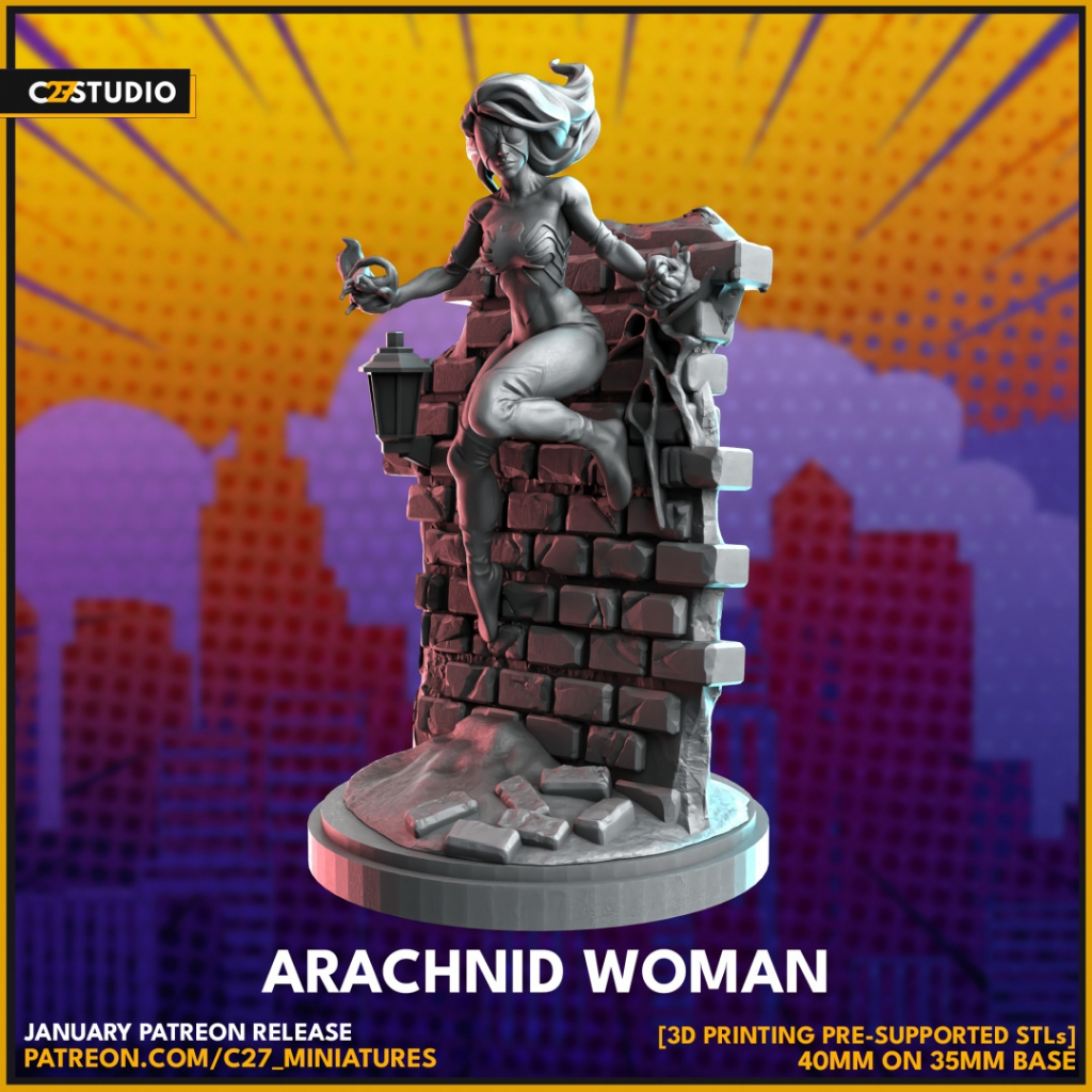 Arachnid Woman - Web Wardens / 40, 75mm scale 3D printed miniature C27