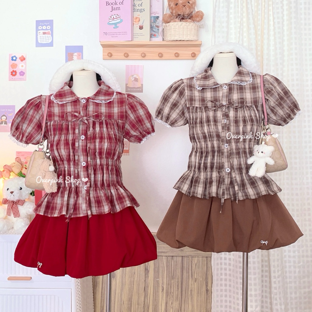 OVP  Earth Tone เสื้อคอบัว แขนตุ๊กตา ลายสก็อต กระดุมหน้าใช้ได้จริง งานกระแส เสื้อเชิ้ต