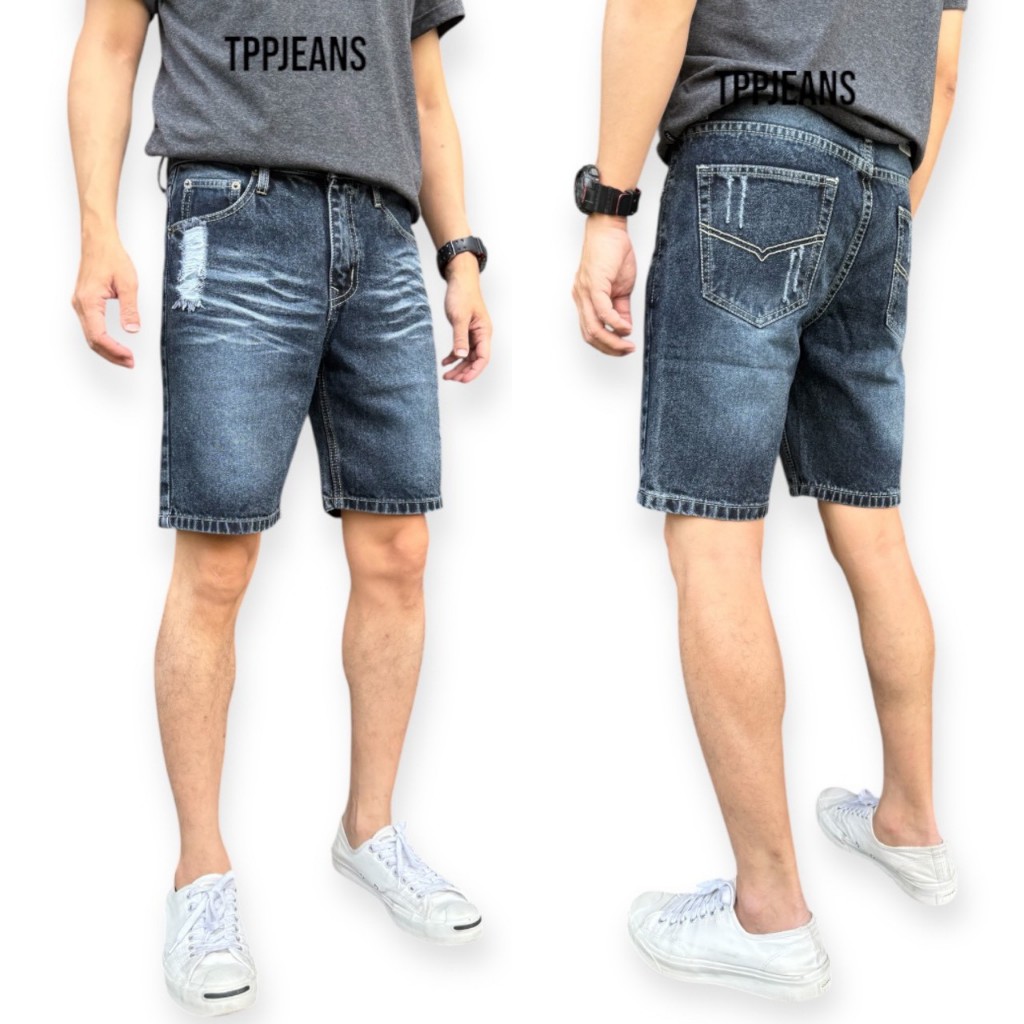 JEANSEXPRESS Shorts Jeans กางเกงยีนส์ขาสั้นชาย สีมิดไนท์ฟอกแต่งสะกิดขาด ทรงเหนือเข่า ใส่สบาย Size 28-36 เป้าซิป