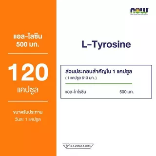 NOW Foods, L-Tyrosine, 500 mg, 120 Capsules,แอล-ไทโรซีน ขนาด 500 มก. บรรจุ 120 แคปซูล