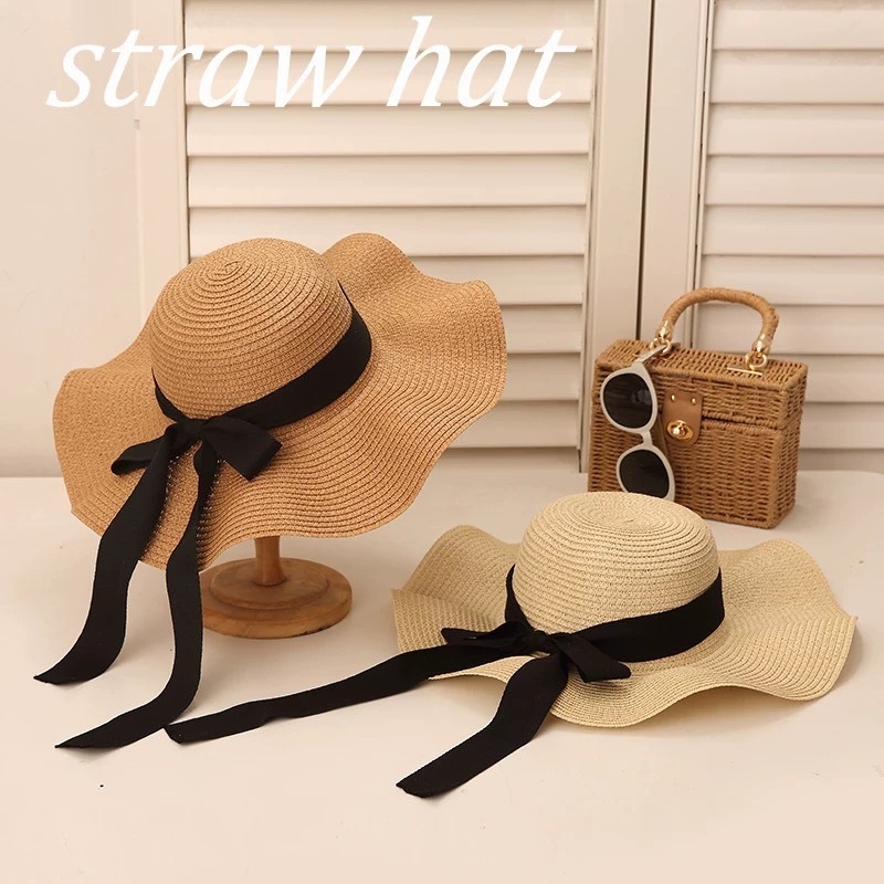 หมวกสานปีกกว้าง ปีกระบาย (ตกแต่งริบบิ้นดำผูกโบว์) สินค้าพร้อมส่ง C018
