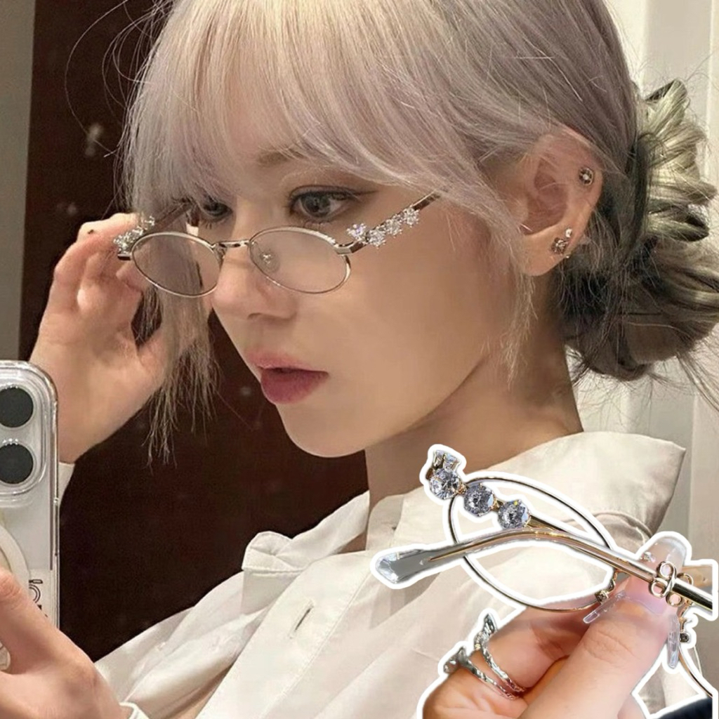 💗พร้อมส่งจากไทย💗CC-21แว่นตาชั่นทรงรีสไตล์วินเทจY2k แว่นทรงไข่แว่นตากรองแสงวงรีแต่งเพรช