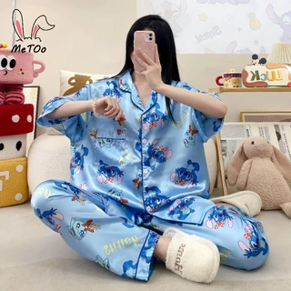 MeToo ชุดนอนแขนสั้นผ้าไหมอิตาลี ชุดนอนผ้าซาติน สะดวกสบายและระบายอากาศ พลัสหลวม Sleepwear สุภาพสตรีเสื้อผ้าพรีเมี่ยม ชุดน