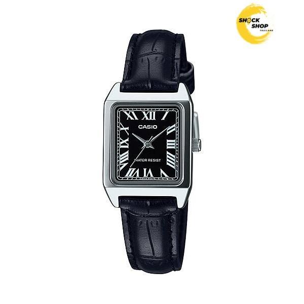 Casio LTP-V007L-1B นาฬิกาข้อมือผู้หญิง สายหนัง หน้าปัดดำ เลขโรมัน 22mm