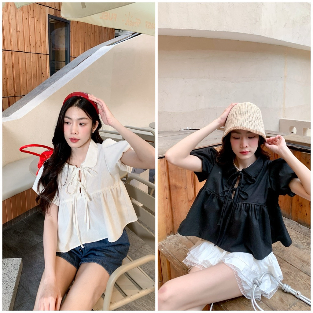 เสื้อลินินคอปกบัวDetailผูกโบว์สบายช่วงอกทรงสวยใส่สบายแมทช์ง่าย♾️ ราคา ถูกที่สุด ดีลบีเคเค