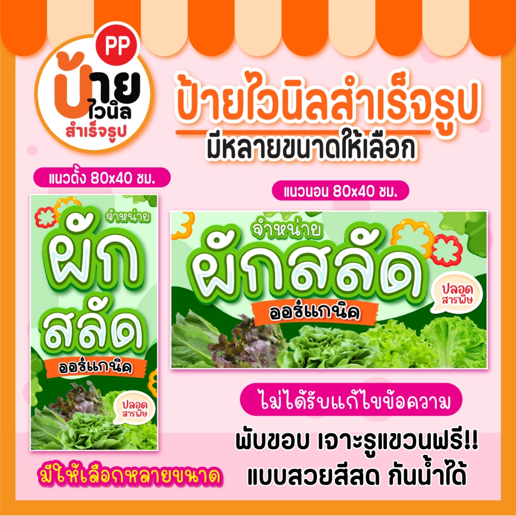 ป้ายไวนิลจำหน่ายผักสลัด ป้ายขายผักสลัด สีสดคมชัด ผ้าหนา กันน้ำได้ เจาะรูแขวนให้ 182A1