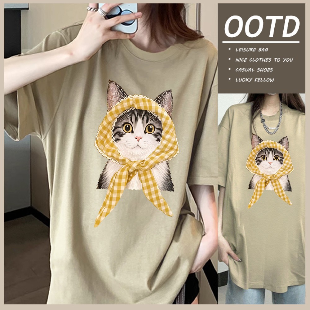 🌷ChillTee🌷เสื้อยืดoversizeพิมพ์ลาย“yellow cat”เสื้อเกาหลี โคตรนุ่ม OVERSIZEเสื้อยืดผู้หญิง cotton เสื้อคอกลม unisex【COD】