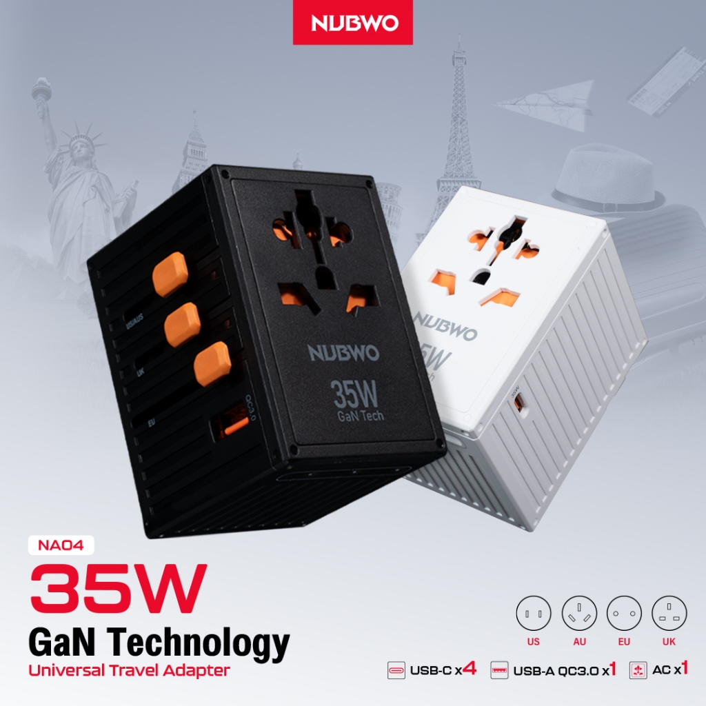 Nubwo NA04 อะแดปเตอร์แปลงไฟ 35W GaN Technology สำหรับเดินทาง 4 USB-C 1 USB-A QC3.0 รองรับหลายประเทศ ทั่วโลก