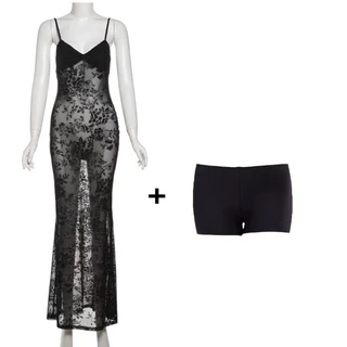 【L'NADA】Lace Backless Dress พร้อมส่ง เดรสยาวสายเดี่ยวลูกไม้ซีทรู โชว์หลัง มีซับใน