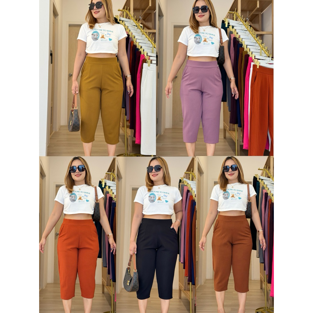 กางเกงขา 5 ส่วน เนื้อผ้ายึดวูลเวฟ นุ่ม ใส่สบาย สาวอวบใส่ได้ เอวยางยืด ความยาว 30 นิ้ว