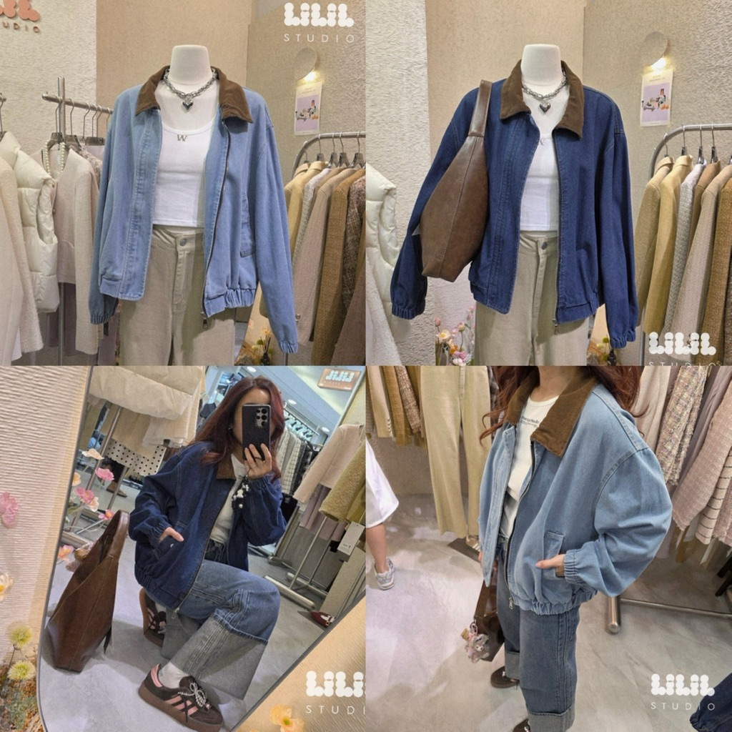 ส่งด่วน  LILIL studio – เสื้อแจ็คเก็ตยีนส์แขนยาวปกน้ำตาลใส่คลุม SHERICH