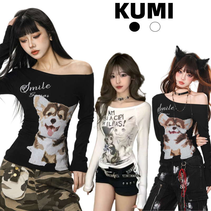 KUMI พร้อมส่ง✨เปิดไหล่ เสื้อยืดผู้หญิงแขนยาว สาวฮอต สวยเซ็กซี่ ใส่ผอมทันใจ แฟชั่น น่ารักๆ ใส่แล้วดูผอม สไตล์คาวาอี้