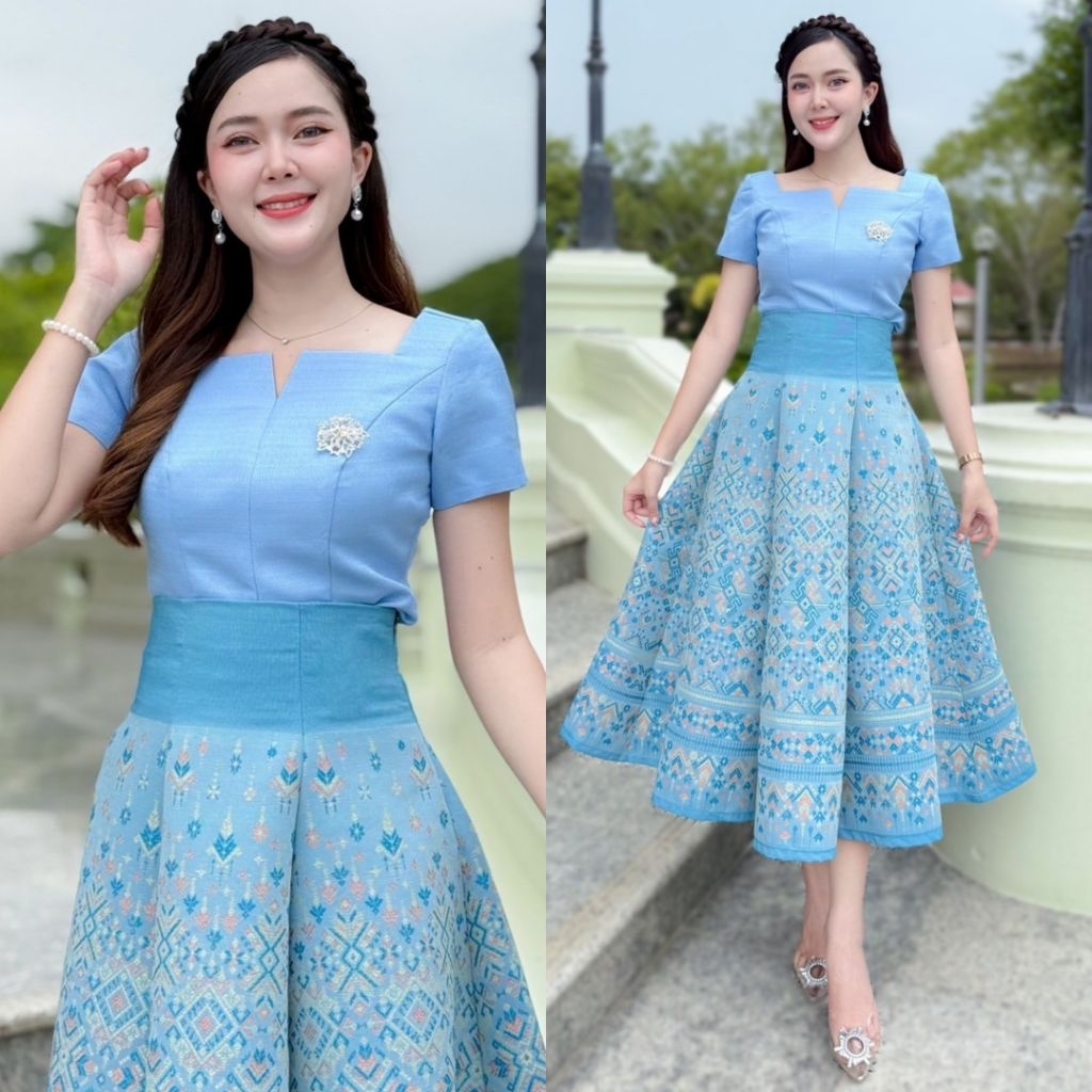 HM - MD (ขายแยก) ชุดไทยสีฟ้า Set 2 ชิ้น เสื้อผ้าไหมม่อน+กระโปรงเอวสูงย้วย8ชิ้น ผ้าทอลายไทย   หรูหรา ชุดไทยใส่ไปทำบุญ