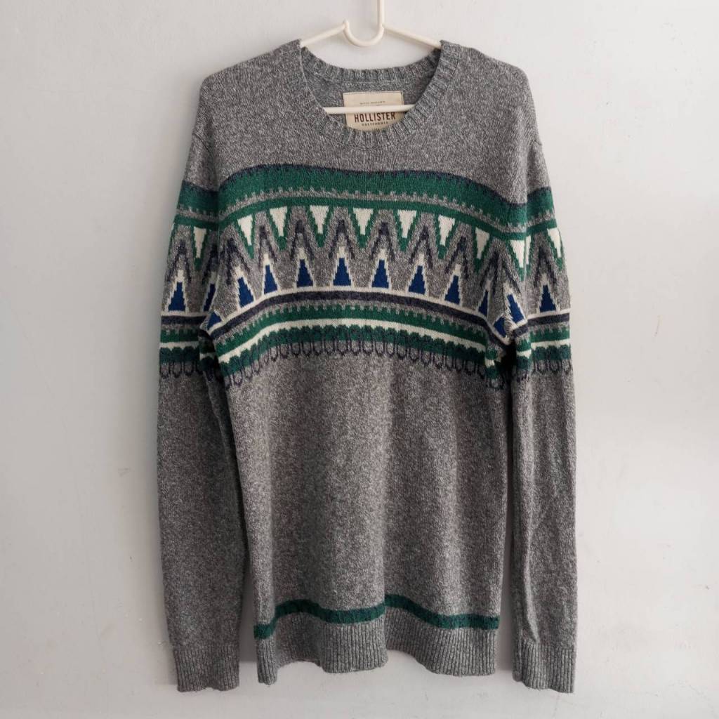 Hollister Sweater เสื้อสเวตเตอร์ มือสอง เสื้อกันหนาว ลายกราฟฟิก สีเทา เขียว ไซส์ M คริสมาสต์ ใส่ได้ท