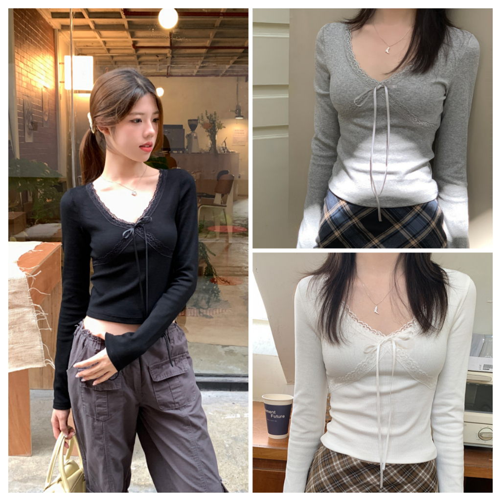 สื้อยืดแขนยาวคอวี ลูกไม้เก๋ๆ เสื้อยืดเย็บลูกไม้สีหวานทรงเข้ารูป เสื้อยืดสไตล์เกาหลีเรียบๆ