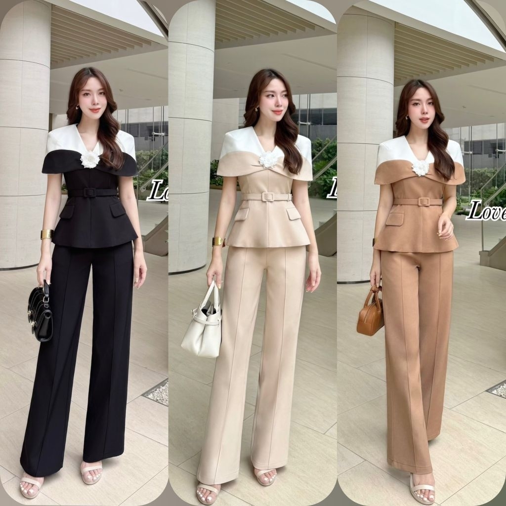 Lover ชุดเซ็ตเสื้อปกไหล่คลุมสวยหรู+กางเกงขายาว