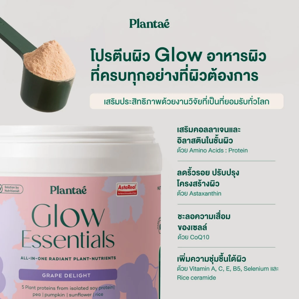 Plantae Glow Essentials กระปุก โปรตีนพืช อาหารผิว Astaxanthin แอสต้าแซนธิน CoQ10 Collagen โปรตีนจากพืช plant based thumbnail 4