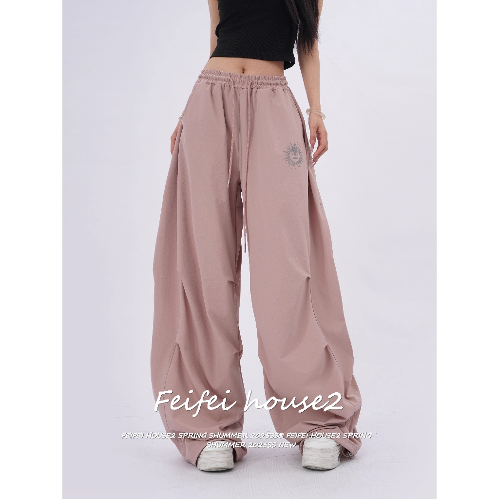 [Quick-drying fabric jazz dance sports pants]กางเกงขากว้างจีบเชือกผูกแบบอเมริกันสำหรับผู้หญิง