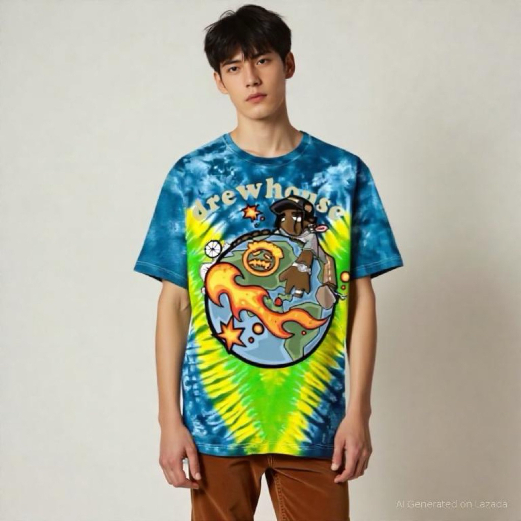 เสื้อมัดย้อมลายวีพร้อมสกรีน ผ้าคอตตอนแท้