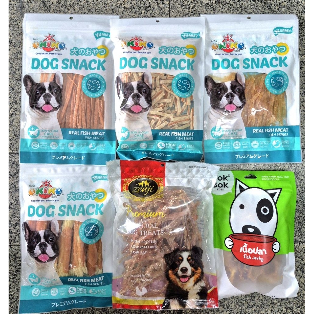 ขนมสำหรับสุนัข OKIKO-ผลิตจากเนื้อปลาชนิดต่างๆ เหมาะสำหรับสุนัขทุกสายพันธุ์และสุนัขแพ้ง่าย ราคา ถูกที่สุด ดีลบีเคเค