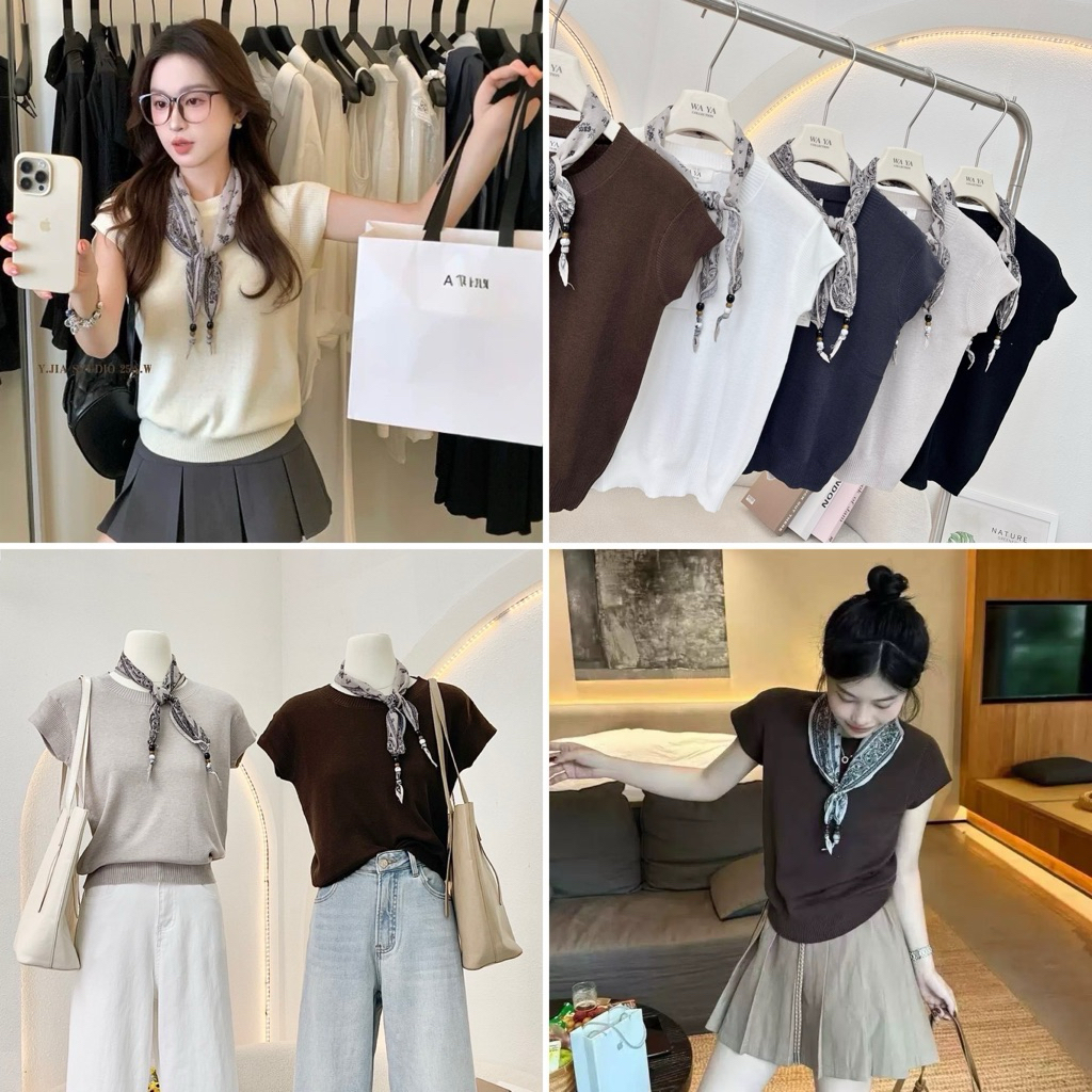 (ได้2ชิ้น)Knit top⋆𐙚₊˚⊹♡เสื้อไหมพรมสีพื้น+ผ้าพันคอ/ป้ายWa Ya🏷️