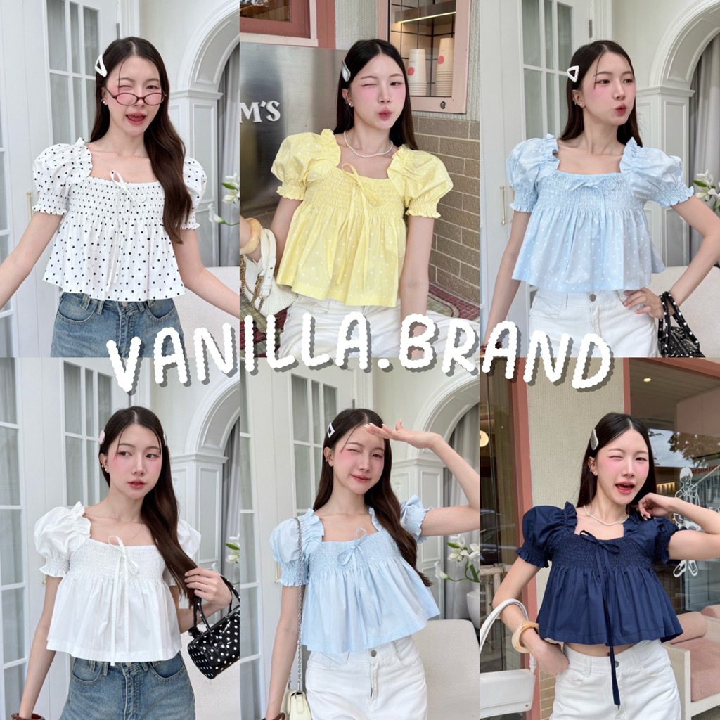 เสื้อแขนพอง คอเหลี่ยม แต่งสม็อคช่วงอก -kn / VB0581