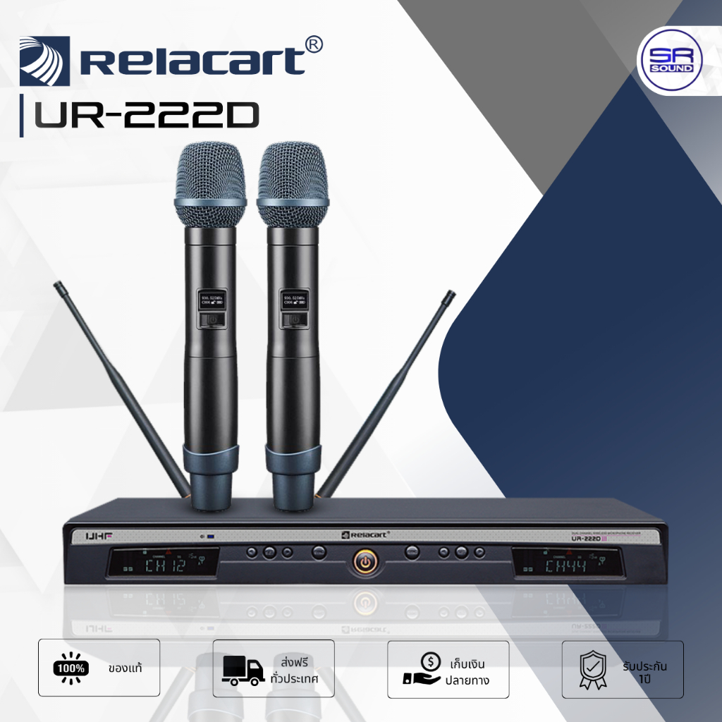 RELACART UR-222D ไมโครโฟนไร้สาย แบบมือถือ UHF เปลี่ยนหัวไมค์ได้ ปรับความถี่ได้ Wireless Microphone ไมค์ลอย UR222D