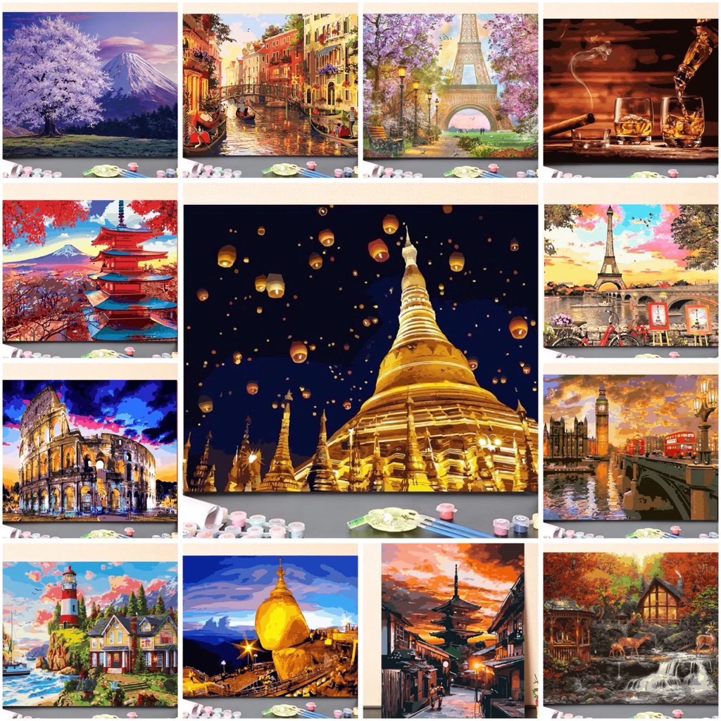 ภาพระบายสีตามตัวเลข 40×50 พร้อมผ้าใบขึงเฟรม | เลือกแบบได้ 50 ลาย | งานศิลปะสุดฮิตจากต่างประเทศ