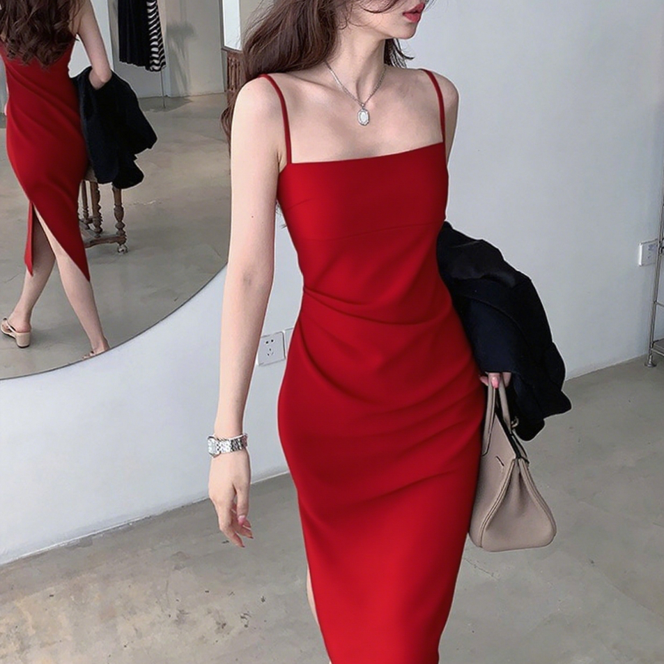 เดรสสีเขียว กระโปรงทรงเอยาว น่ารัก รัดรูป ชุดกระโปรงสายเดี่ยว คล้องคอ ไปทะเล สายเดี่ยว เกาะอก เสื้อผ้าแฟชั่นผู้หญิง
