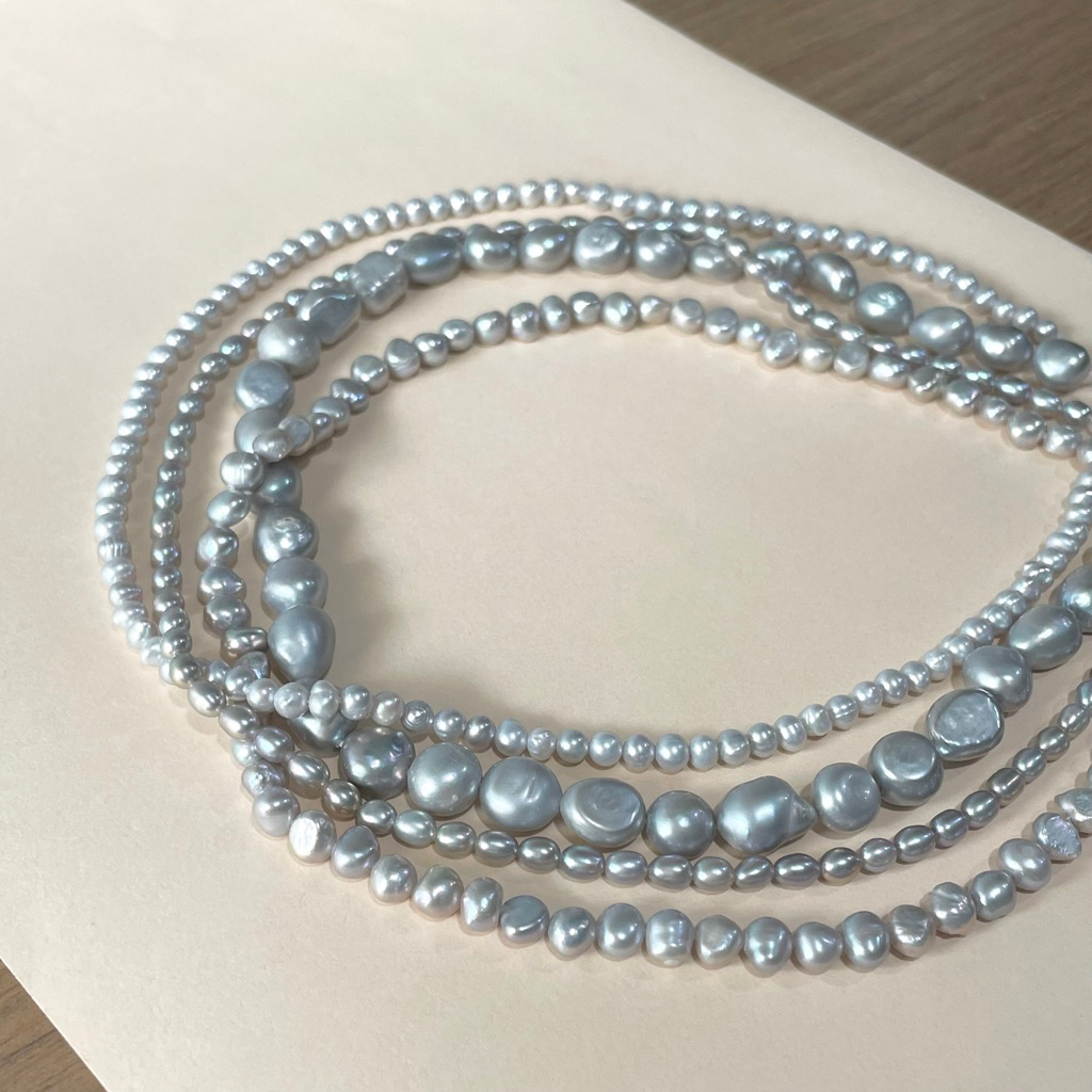 สร้อยไข่มุกแท้ ชมพู โอรส เทา 3-9mm. สร้อยมุกแท้ Genuine Pink Grey Orange Pearl Necklace