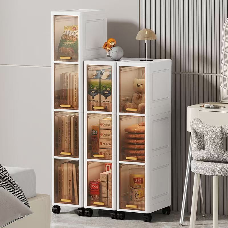 Kaman ตู้เก็บของขนาดแคบ มีล้อ เปิดบน+หน้า พลาสติกโปร่งใส/สีขาว แข็งแรง ประหยัดพื้นที่ เหมาะกับห้องนอน ห้องนั่งเล่น