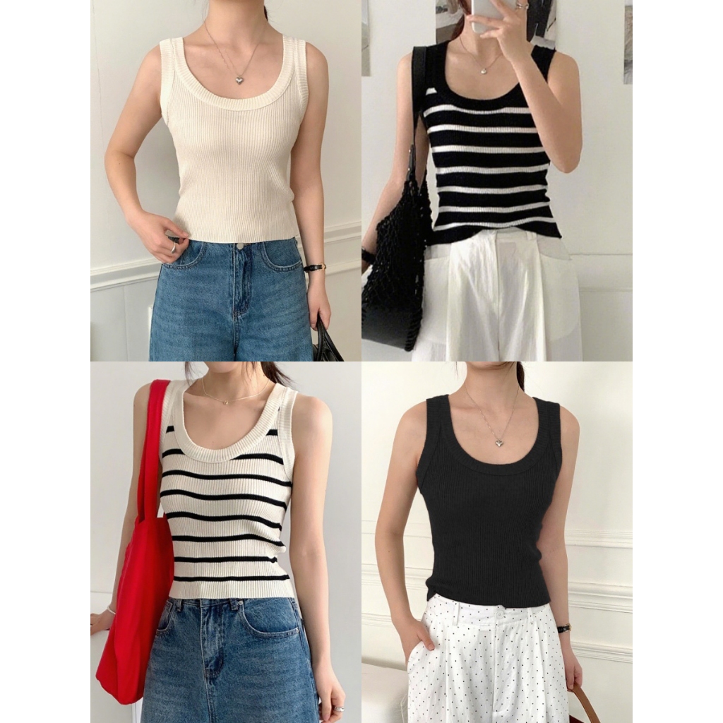 เสื้อกล้าม เสื้อแขนกุด ลายทาง ทรงเข้ารูป ใส่สบาย#2386