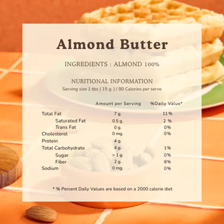 เนยถั่ว Natural Almond Butter อัลมอนด์ 100% ไม่ใส่น้ำตาล น้ำมัน เกลือ 220 g. | Paweenee’s
