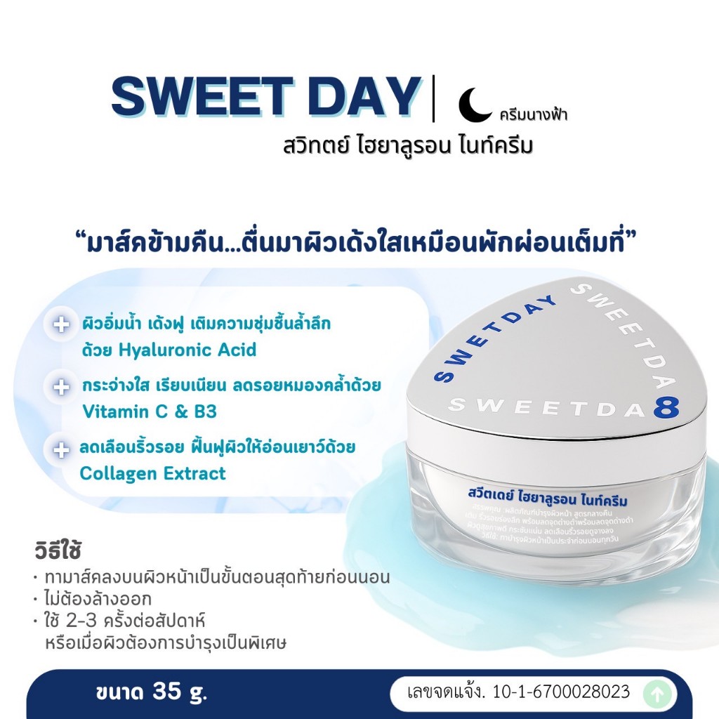 ครีมนางฟ้า🧚‍♀️สวิทเดย์ SWEET DAY ไฮยาลูรอน 🌜 ไนท์ครีม [แพ็คเกจอาจมีการเปลี่ยนแปลง]