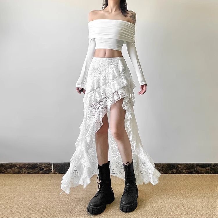 [Sheing office] พร้อมส่ง กระโปรงสั้นทรงเข้ารูปเอวสูงเย็บระบายสำหรับผู้หญิง