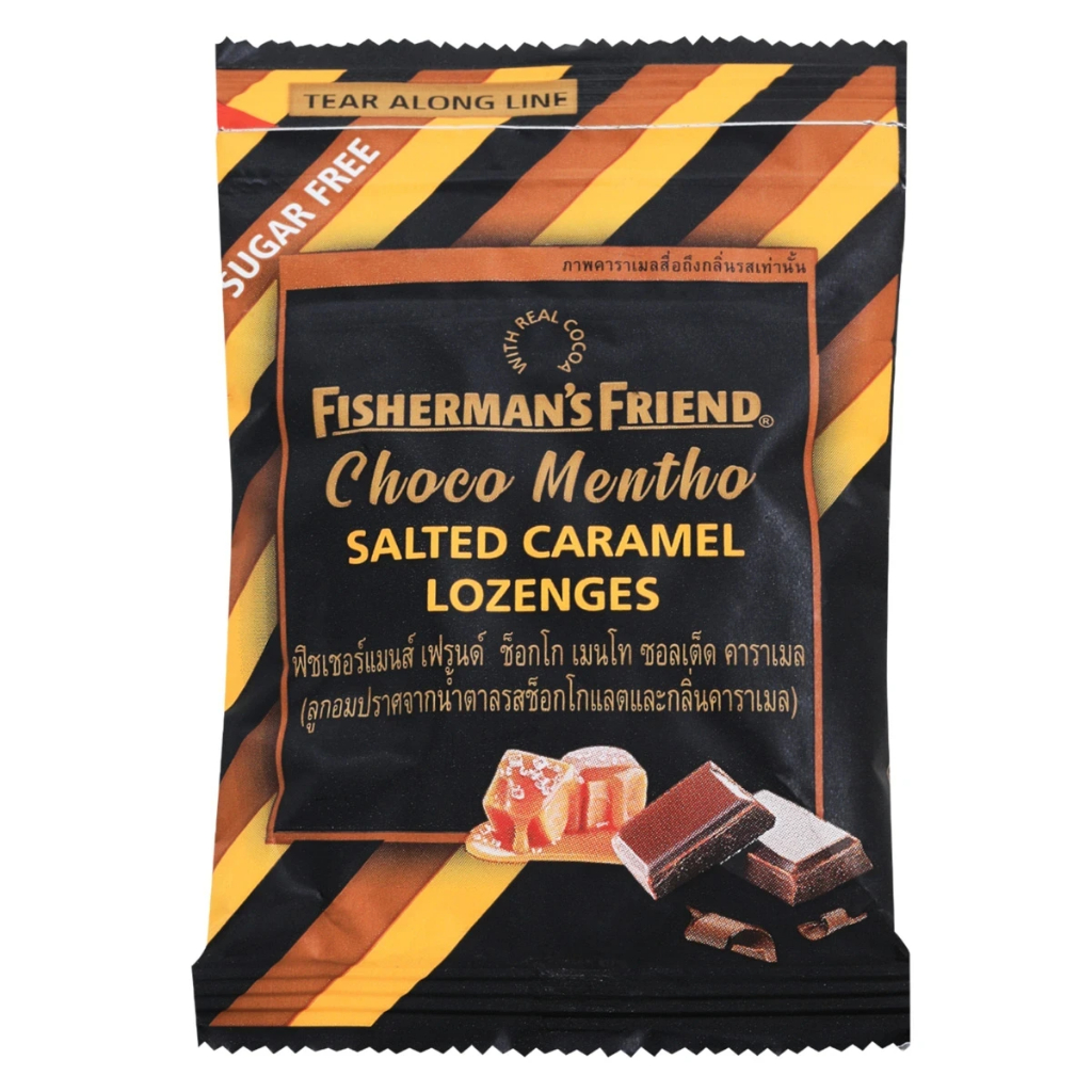 Fisherman's Friend ฟิชเชอร์แมนส์ เฟรนด์ ลูกอมปราศจากน้ำตาล ช็อกโกเมนโทซอลเต็ดคาราเมล 25 กรัม