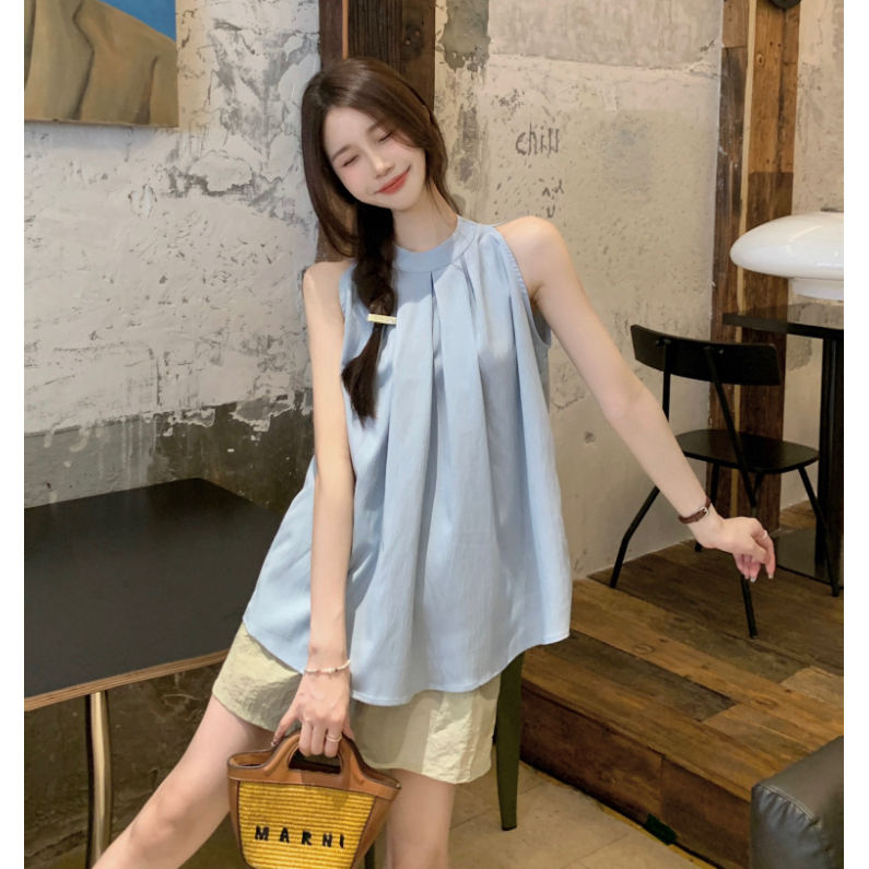 เสื้อยืดผู้หญิง เสื้อกล้ามแขนกุด ทรงหลวม ใส่ไปเทียว สุดเก๋ คอมีจับจีบ #020379