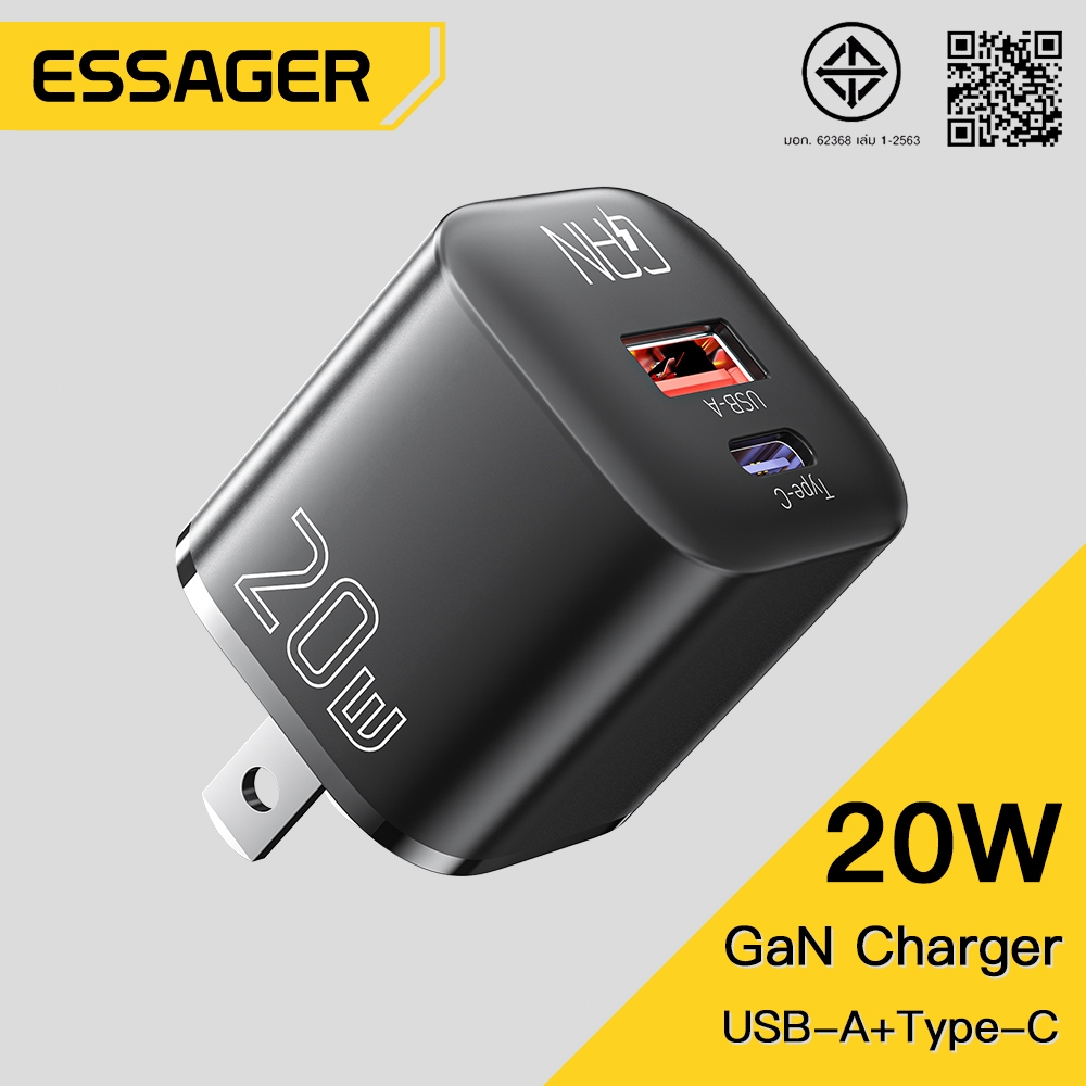 Essager อะแดปเตอร์ชาร์จแบบพกพา USB Type C 20W สำหรับโทรศัพท์มือถือที่ชาร์จเร็ว GAN