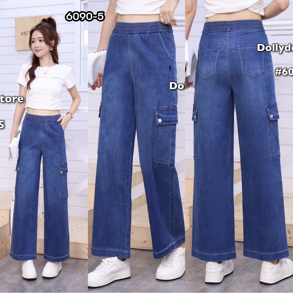 6090-5  กางเกงคาร์โก้เนื้อผ้ายีนส์ยืด