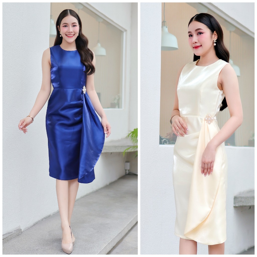 LX1118  แขนกุด คอกลม กระโปรงสอบระบายข้าง แต่งเข็มกลัด สีพาสเทล ชุดไปงานแต่ง ชุดออกงาน เดรสเพื่อนเจ้าสาว [LUXURY707]